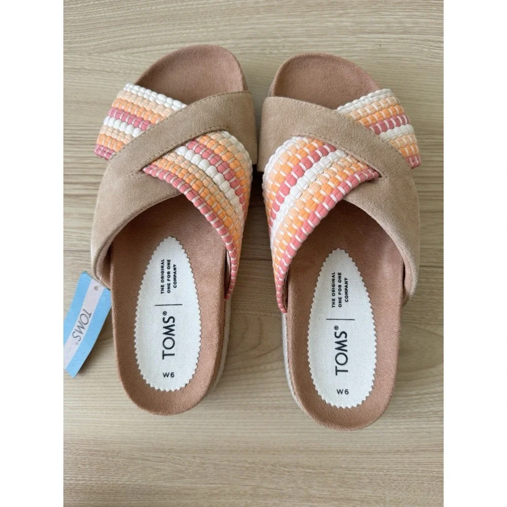 TOMS Paloma Slide Sandals Womens 6 Honey Suede Woven Trim Espadrille Platform